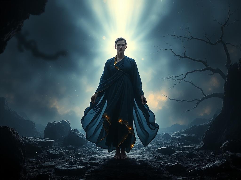 Create a realistic high-resolution photo that embodies the theme "The Journey of Alchemy: From Shadow to Light." The composition should be simple and clear, featuring a single subject—a serene figure standing confidently in the center of the image. This figure, representing the essence of transformation, should be dressed in flowing garments with shades of deep indigo and obsidian, subtly illuminated by shimmering gold and silver accents that catch the light, symbolizing enlightenment and spiritual growth.
