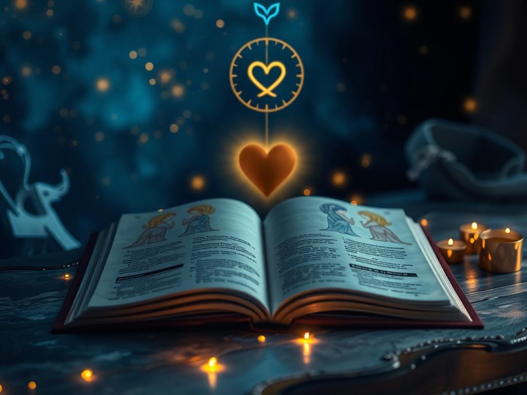 A mystical guidebook open on a table, featuring illustrations of twin souls intertwined, surrounded by glowing symbols of love and spiritual connection. The background is adorned with deep indigo and obsidian tones, illuminated by shimmering gold and silver highlights, creating an ethereal atmosphere.