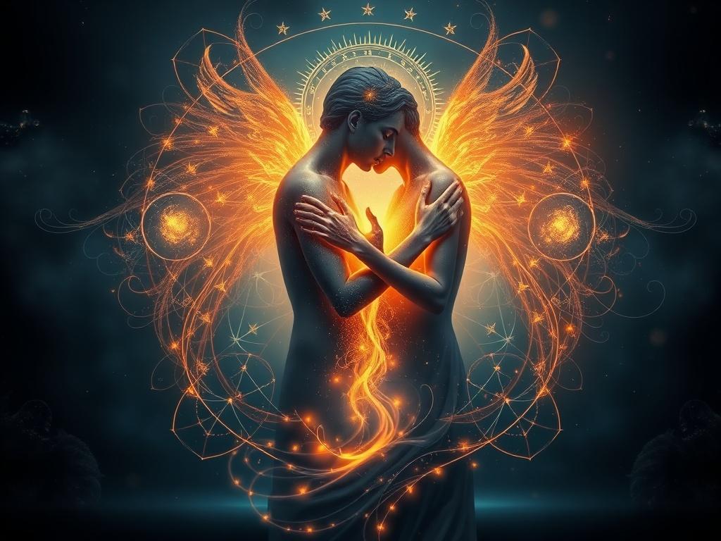 An artistic representation of two souls intertwined with vibrant energy, surrounded by symbols of healing and transformation. The background features deep indigo and obsidian colors with golden light, symbolizing hope and spiritual evolution.