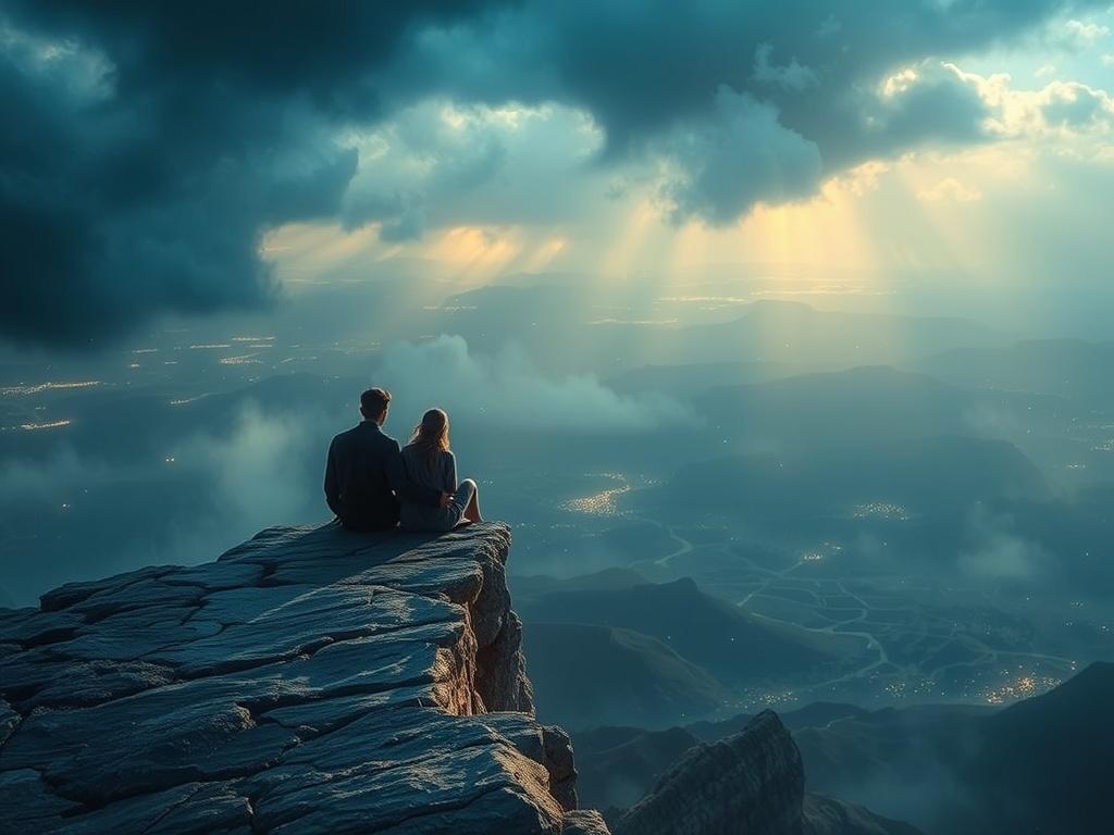 A serene scene of two figures sitting on a cliff edge, overlooking a vast landscape, symbolizing introspection and healing. The surroundings are infused with deep indigo and obsidian hues, highlighted by soft golden light, representing hope and transformation.