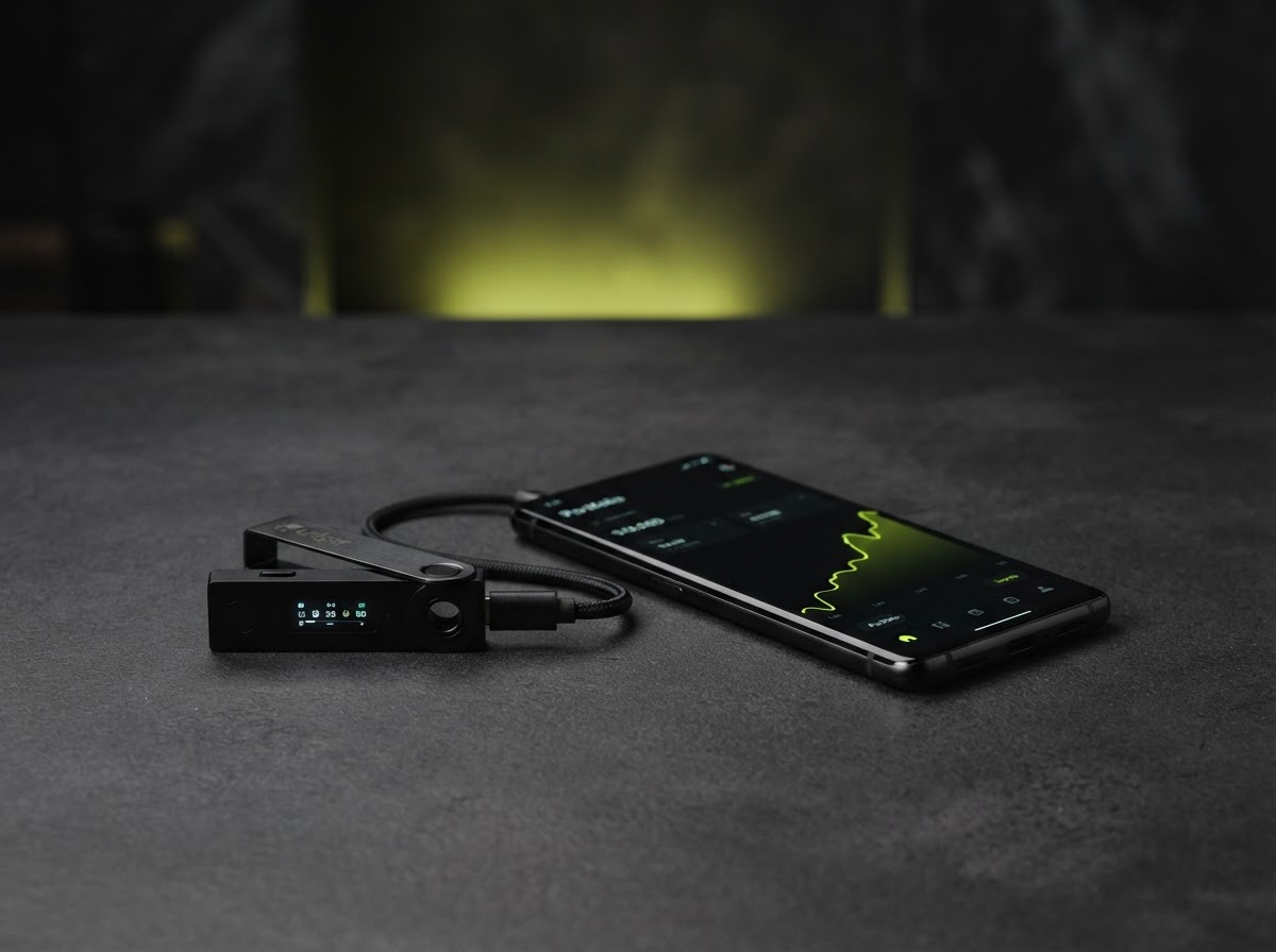 Ledger hardware wallet beside a smartphone with a digital wallet interface
