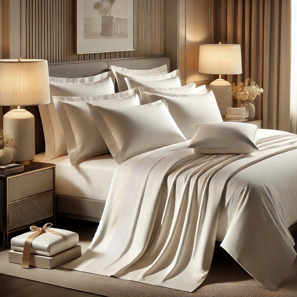 dall·e 2025-02-22 20.59.06 - a luxurious premium bedsheet set displayed on a neatly made king-size bed. the sheets are made of high-thread-count cotton with a silky-smooth finish,.webp