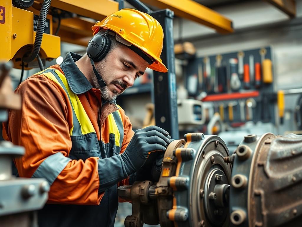 A close-up shot of a skilled mechanic working on heavy construction equipment, showcasing attention to detail and expertise. The mechanic is wearing safety gear and is focused on repairing a large hydraulic component. The background is a well-organized workshop with tools and equipment neatly arranged, emphasizing professionalism and reliability. The image is captured with a 45mm f/1.2 lens for a hyper-realistic effect.