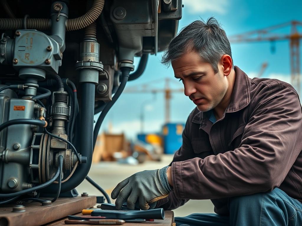 A hyper-realistic close-up shot of a mechanic fixing a heavy equipment hydraulic system in an outdoor setting, with tools scattered around. The focus should be on the mechanic's concentrated expression and hands working on the machinery, highlighting urgency and expertise. The background should feature a construction site, emphasizing the real-world context of emergency repairs. The image should reflect a sense of action and responsiveness in the face of equipment failure.