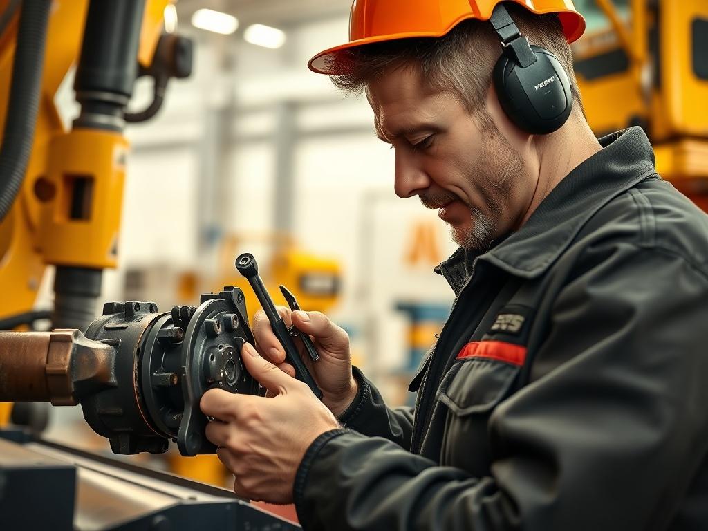 A hyper-realistic close-up shot of a mechanic performing a preventive maintenance check on a large construction vehicle, showing the mechanic examining a critical component with tools in hand. The background should include organized tools and machinery parts, emphasizing professionalism and attention to detail. The image should capture the essence of thoroughness and care in maintaining heavy equipment, showcasing the importance of preventive maintenance.