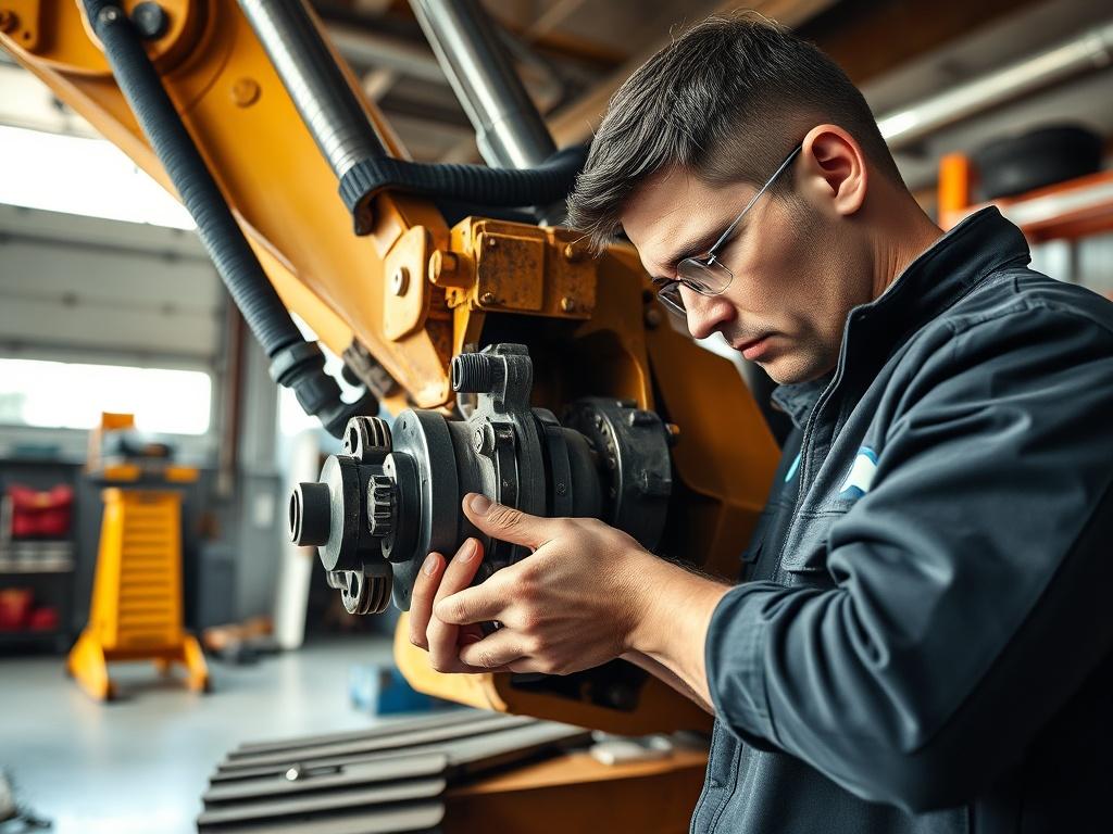 A hyper-realistic close-up shot of a mechanic working on heavy machinery in a well-lit garage, showcasing the intricate details of the machinery and tools used. Focus on the mechanic's hands fixing a complex component of an excavator, with tools neatly arranged in the background. The scene conveys expertise and professionalism, with a clean and organized workspace. The image should be vibrant and inviting, highlighting the craftsmanship involved in heavy equipment repair.