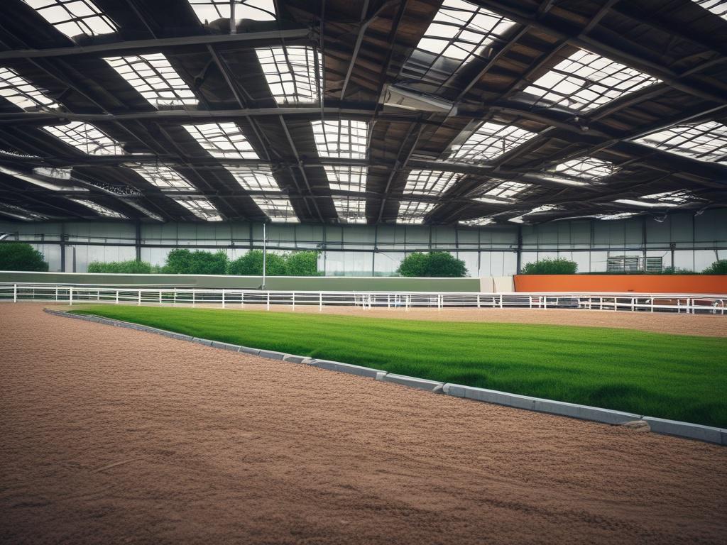 A close-up shot of an empty equestrian arena with pristine footing, surrounded by lush greenery, shot with a 45mm f/1.2 lens.