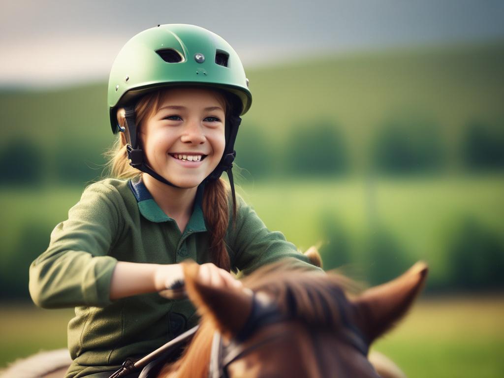 A close-up shot of a young rider on a horse, wearing a riding helmet, smiling, with a blurred green pasture in the background, shot with a 45mm f/1.2 lens.