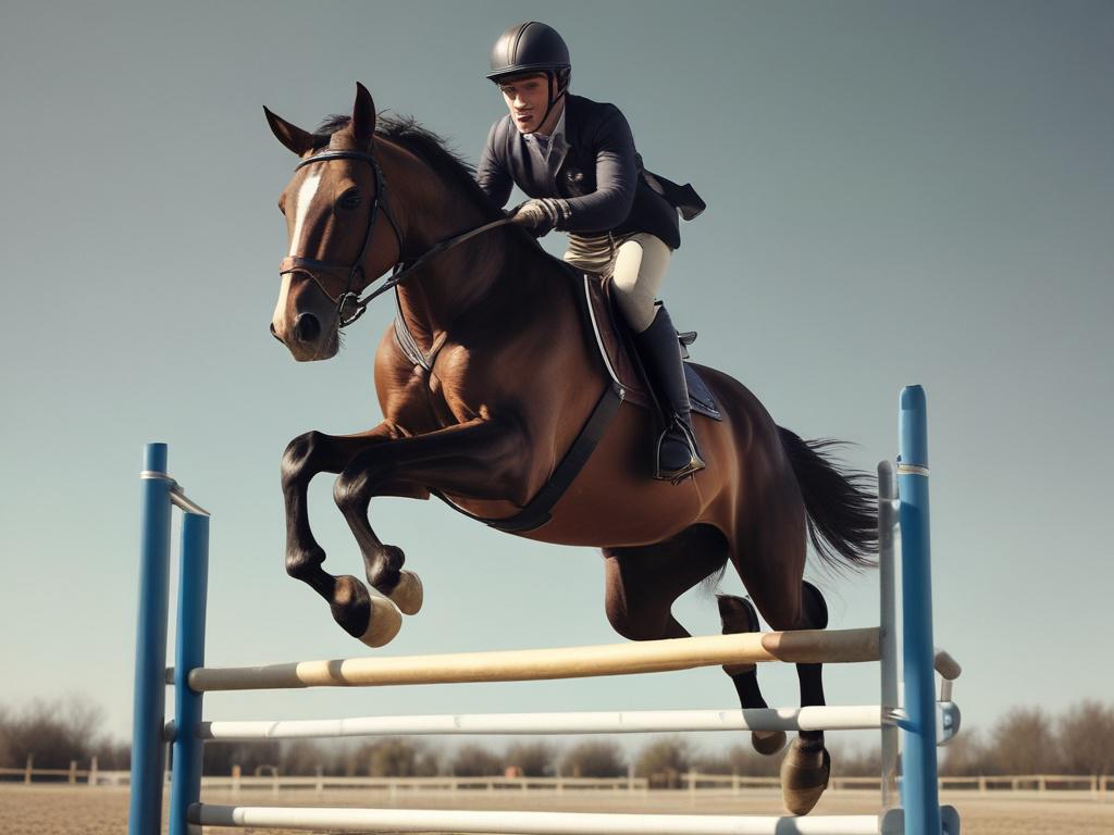 A close-up shot of an advanced rider jumping over a hurdle on a horse, with a clear blue sky in the background, captured with a 45mm f/1.2 lens.