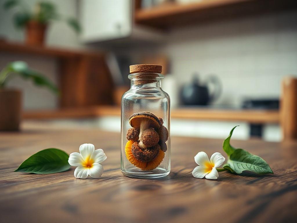 Create a realistic high-resolution image featuring a glass vial containing small, colorful microdoses of mushrooms, positioned on a wooden table. The vial should be the central focus of the composition, capturing intricate details such as the texture of the glass and the vibrant colors of the contents inside. Surround the vial with a few natural elements—such as a couple of green leaves and a delicate flower—to symbolize the connection to nature often associated with microdosing. 

The background should fea