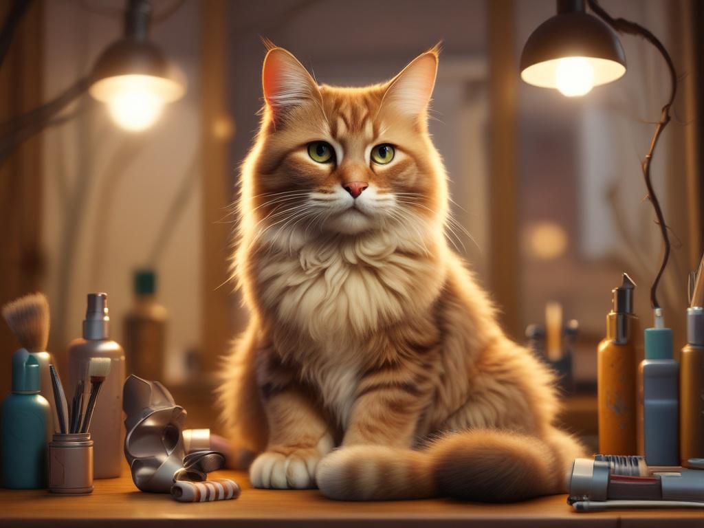 A realistic image of a relaxed cat being groomed on