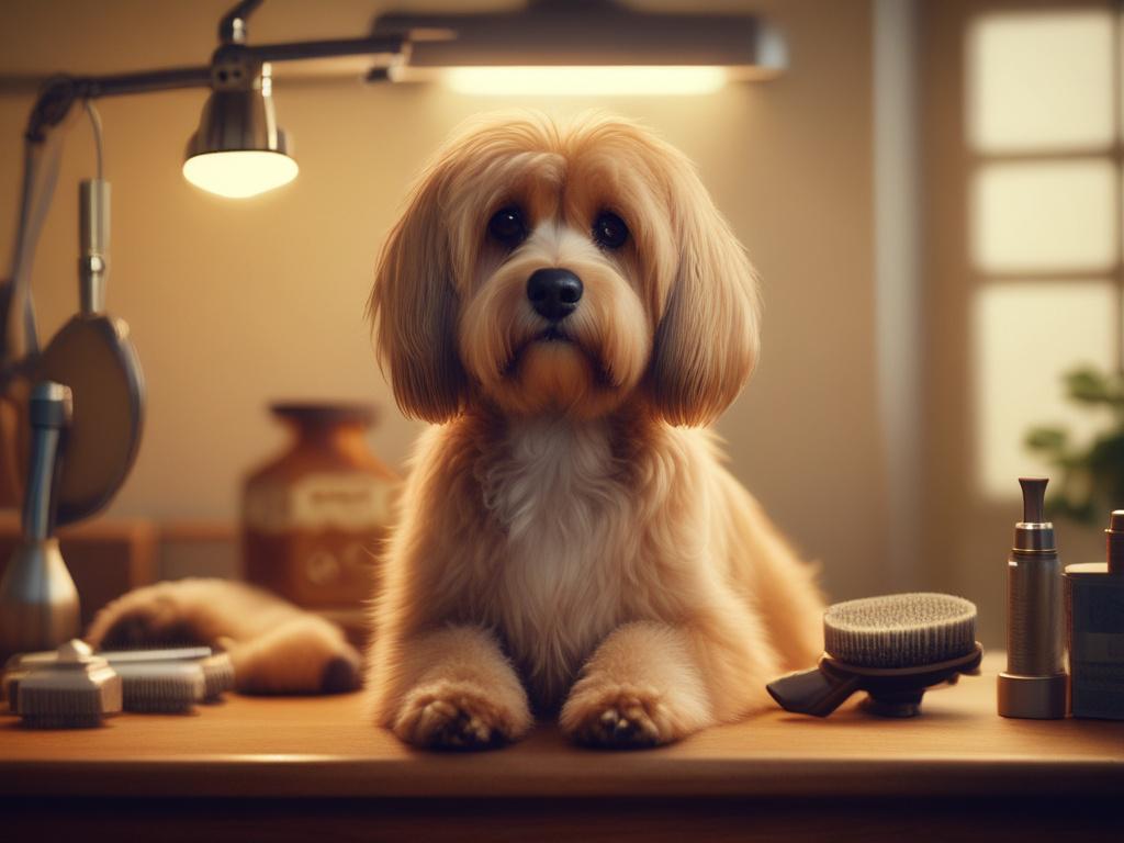 A high resolution image of a groomed dog sitting contentedly