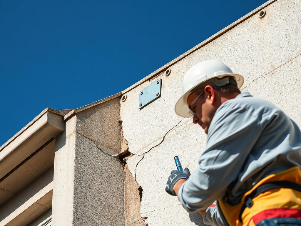 A high-resolution close-up shot of a building facade showing visible defects such as cracks and peeling paint, with a construction professional inspecting the damage. The background should be a clear blue sky, highlighting the importance of maintenance and repair. The image should be realistic and rendered in hyper-realistic style, compatible with the #062767 primary color.