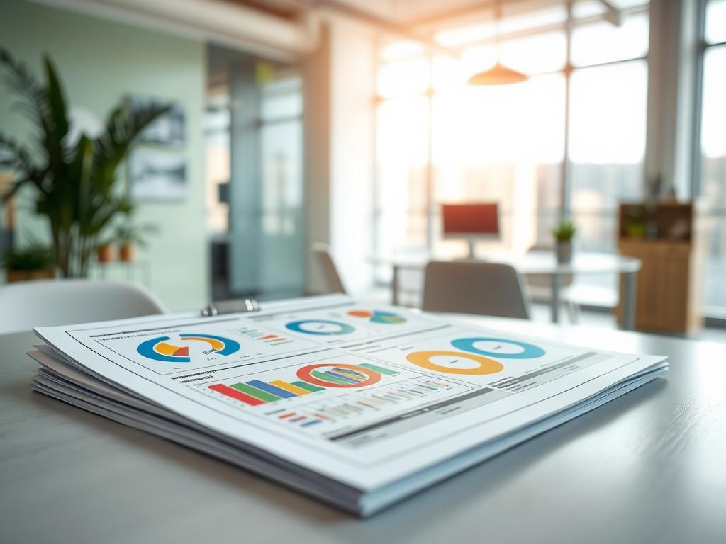 A close-up shot of a well-organized property maintenance plan displayed on a table, featuring colorful charts and graphs. The background should be a clean and modern office setting, conveying a sense of professionalism and efficiency. The lighting should be bright and inviting, highlighting the details of the maintenance plan. The colors should complement the primary color #062767, creating a harmonious visual appeal.