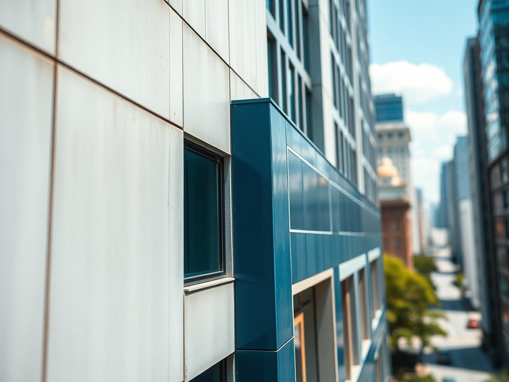 A high-resolution close-up shot of a modern building facade, showcasing intricate architectural details. The composition is centered on a single section of the building, highlighting materials and structural features, with a blurred cityscape in the background. The lighting is natural, capturing the essence of a sunny day in an urban environment. The colors are vibrant, with a focus on shades of blue and gray that complement the primary color #062767.
