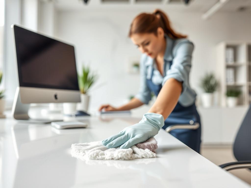 A close-up shot of a cleaner wiping down a desk in a modern office space. The background features a neat and organized work environment with a computer and plants, emphasizing a professional atmosphere. The image should showcase the attention to detail in cleaning and the importance of a tidy workspace.