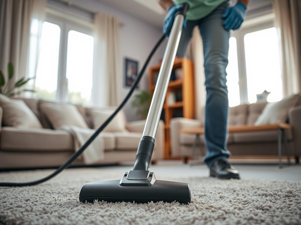 A close-up shot of a professional cleaner in a residential living room, wearing gloves and using a vacuum cleaner on a carpet. The background shows tidy furniture and bright windows, creating a fresh and inviting atmosphere. The image should capture the detail of the cleaning process and convey a sense of cleanliness and professionalism.