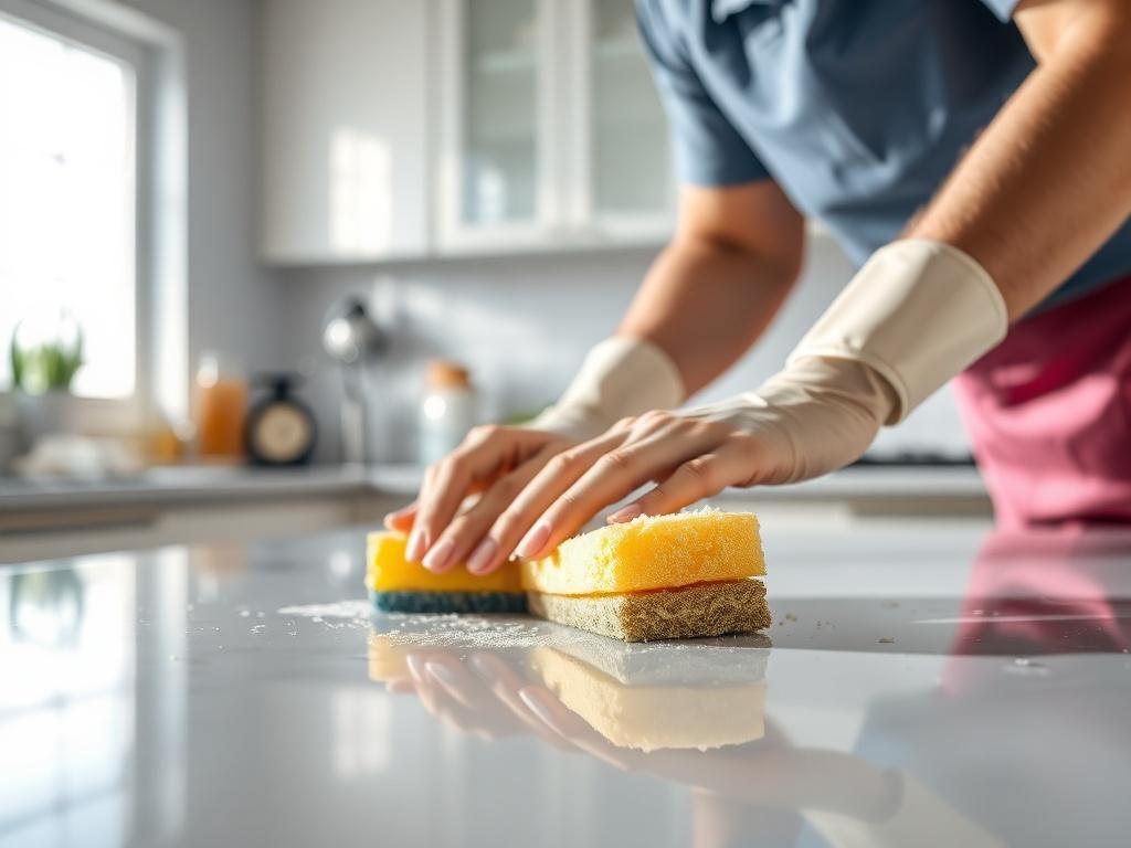 A close-up shot of a professional cleaner scrubbing a kitchen countertop with a sponge and cleaning solution. The background shows a sparkling clean kitchen with bright lighting, emphasizing the thoroughness of deep cleaning. The image should convey a sense of freshness and meticulous attention to detail.