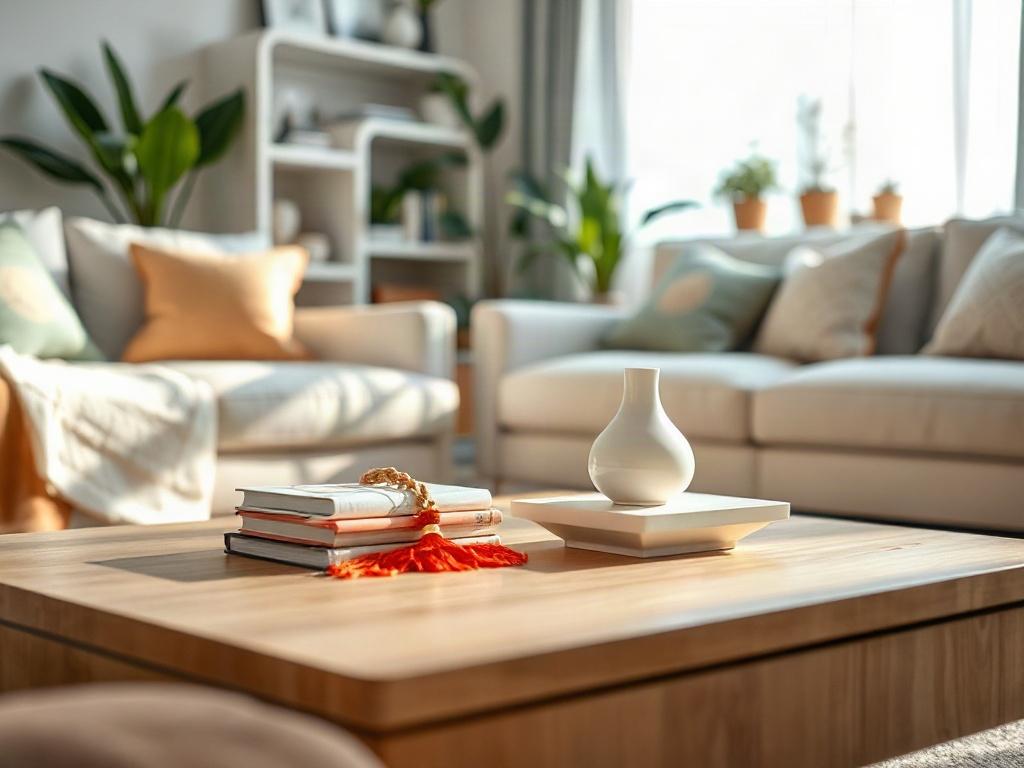A close-up shot of a beautifully arranged clean living room with cozy furniture, soft lighting, and decorative plants, focusing on a sparkling coffee table with a stylish vase and a small stack of books. The background should be softly blurred to emphasize the inviting atmosphere, enhancing the sense of comfort and freshness, ideal for showcasing the results of a professional cleaning service.