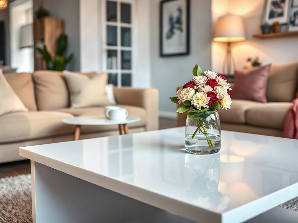 A hyper-realistic close-up shot of a sparkling clean home environment, showcasing polished surfaces and neatly arranged furniture. The background should include a cozy living room with soft lighting, emphasizing cleanliness and order. The focus is on a pristine coffee table adorned with a fresh flower vase, reflecting an inviting and fresh ambiance. The composition should be simple, with only the coffee table as the subject, shot with a 45mm f/1.2 lens style.