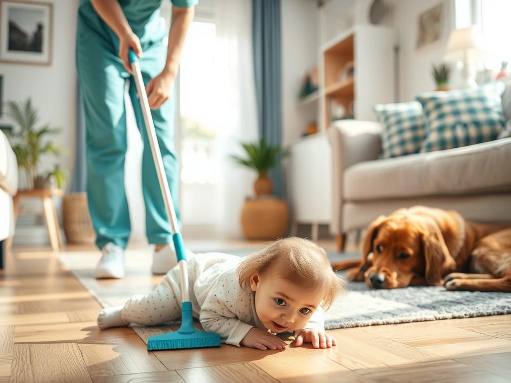 A close-up shot of a professional cleaner gently cleaning a living room with a baby playing on the floor and a dog lying nearby. The scene is bright and cheerful, showcasing a safe and clean environment for both the baby and the pet. The background features a well-decorated, tidy room that emphasizes cleanliness and comfort.