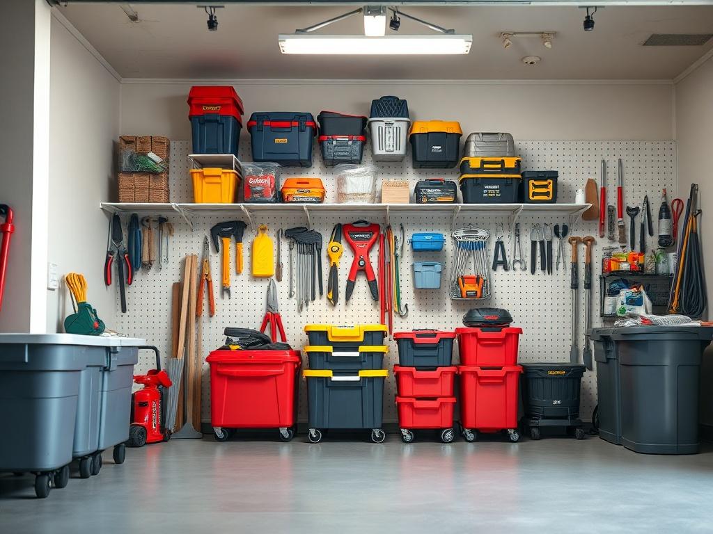 A clean and organized garage space, showcasing neatly arranged tools, storage boxes, and a clear floor. The background should depict a well-lit garage environment with smooth concrete flooring and a bright overhead light. The focus is on the organized items, emphasizing a clutter-free space. The image should reflect a sense of order and cleanliness, inviting viewers to envision their own garage transformed.