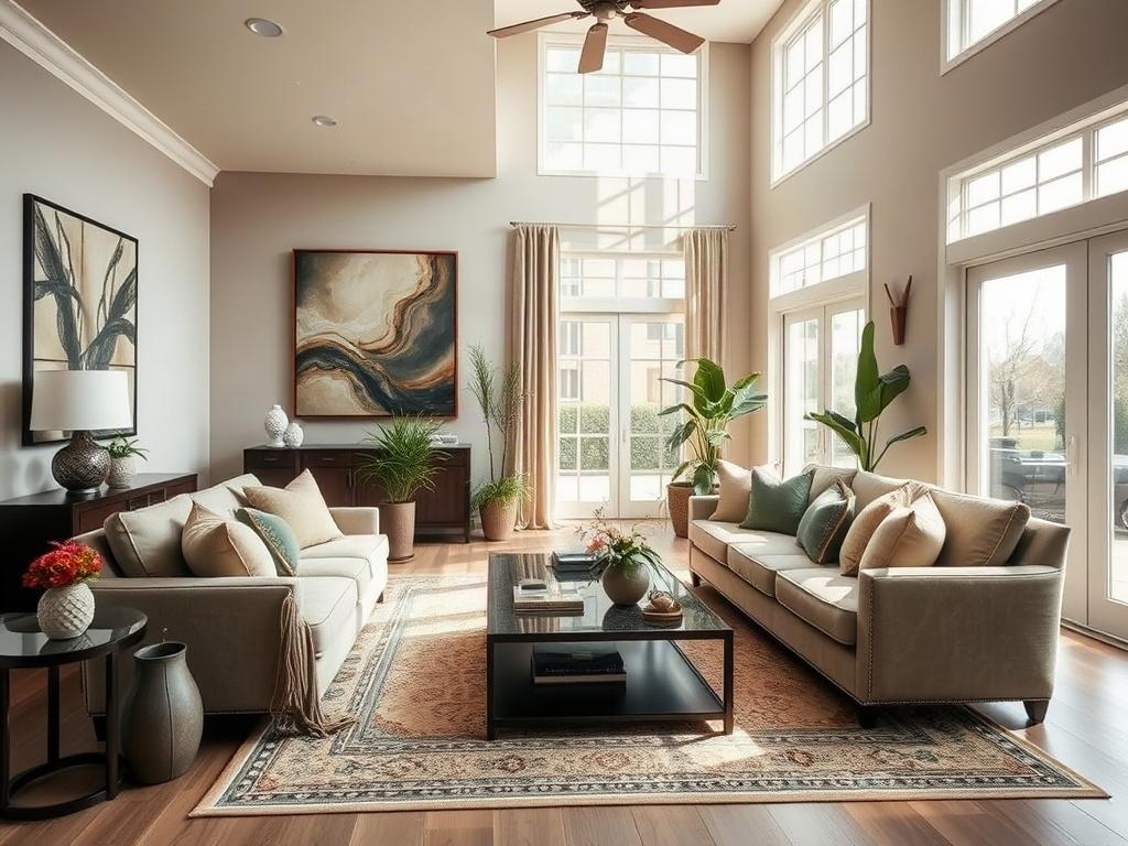 A luxury interior living room in a North Texas home, showcasing elegant furnishings and decor. The room features a spacious layout with plush sofas, decorative cushions, and a stylish coffee table. Sunlight streams in through large windows, illuminating the space and highlighting the tasteful artwork on the walls. The color palette includes soothing earth tones, with accents of deep greens and warm browns, creating a cozy yet sophisticated atmosphere. A beautiful area rug anchors the seating area, and potte
