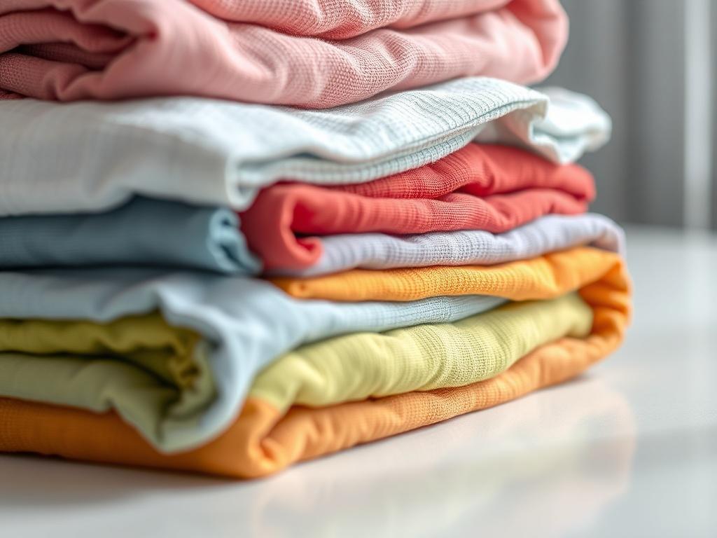 A close-up shot of a neatly folded stack of fresh, colorful laundry on a clean, white surface. The image should convey a sense of cleanliness and organization, with a focus on the textures and colors of the fabric. Natural light softly illuminates the scene, enhancing the vibrant colors and details. The background should be simple and uncluttered, allowing the folded laundry to be the focal point of the image.