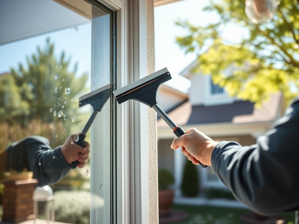 A close-up shot of a professional cleaner meticulously cleaning residential exterior windows. The image should show the cleaner in action, using a squeegee to remove streaks from a large window. The background should be a bright and sunny day, showcasing a well-maintained home with lush greenery around. The image should emphasize clarity and cleanliness, highlighting the sparkling effect of freshly cleaned windows.
