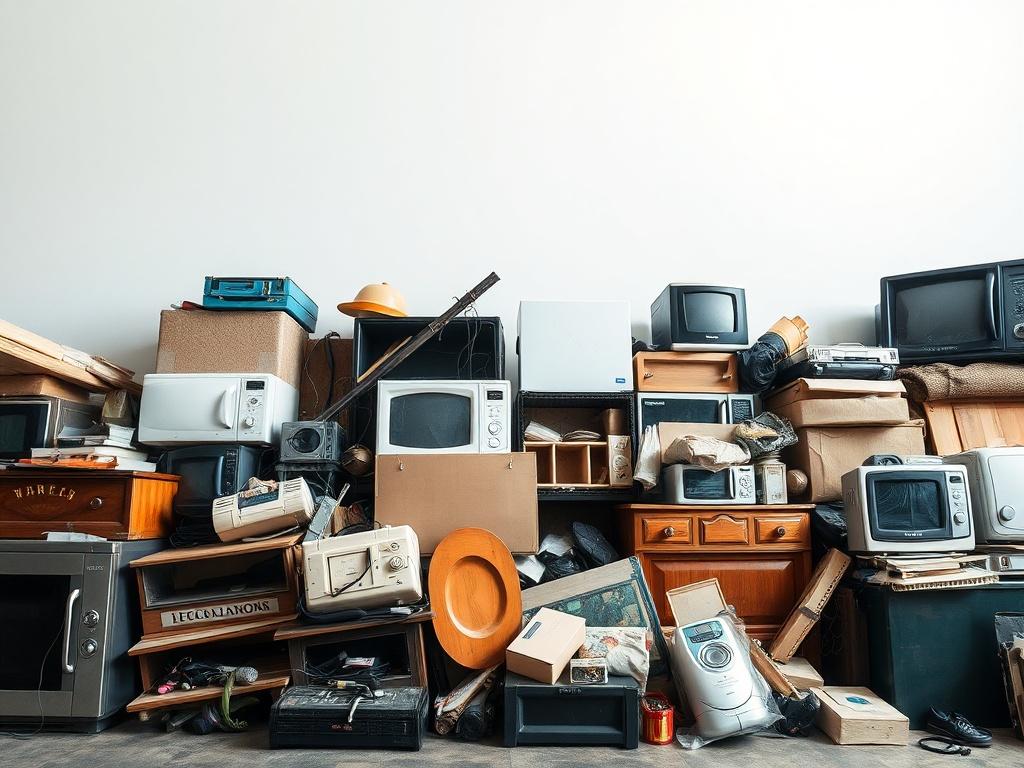 A hyper-realistic close-up shot of a pile of assorted junk, including old furniture, boxes, and appliances, set against a simple, clean background to emphasize the clutter. The image should be vibrant and detailed, showcasing the textures and colors of the junk items, with natural lighting to enhance the realism.
