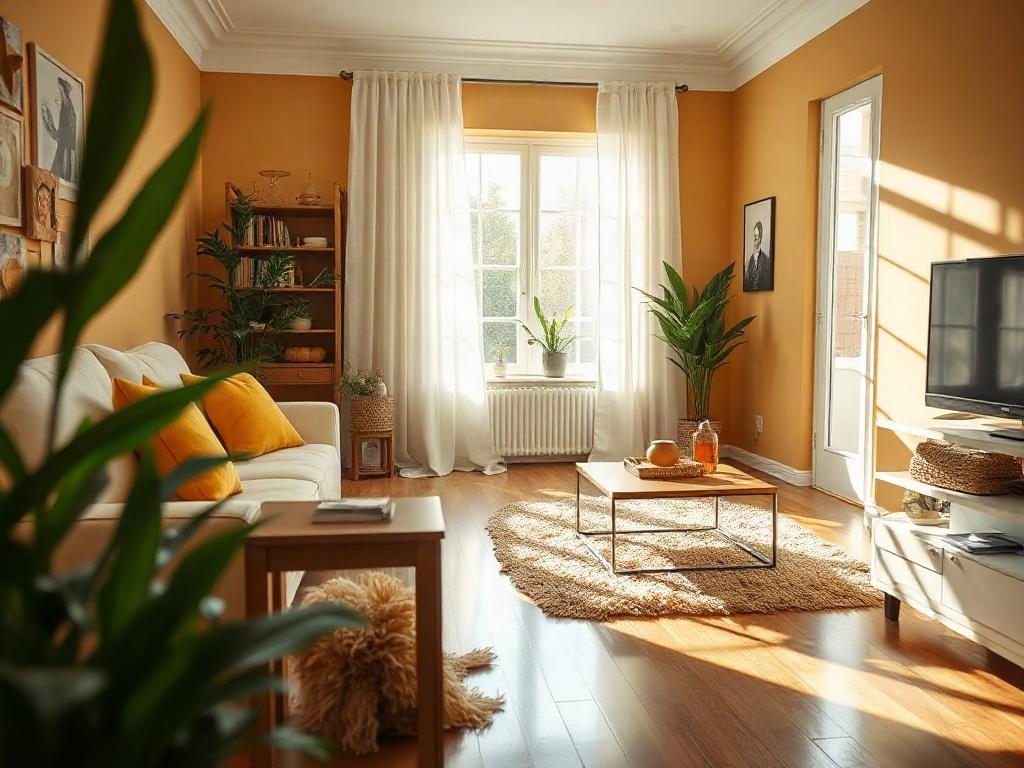 A close-up shot of a sparkling clean home interior, showcasing a tidy living room with bright sunlight streaming through the windows. The room features a comfortable sofa, a neatly arranged coffee table with decorative items, and soft rugs on the polished floor. The walls are painted in warm, inviting colors, and there are plants adding a touch of greenery. The overall atmosphere is fresh and welcoming, reflecting the essence of a professionally cleaned space.