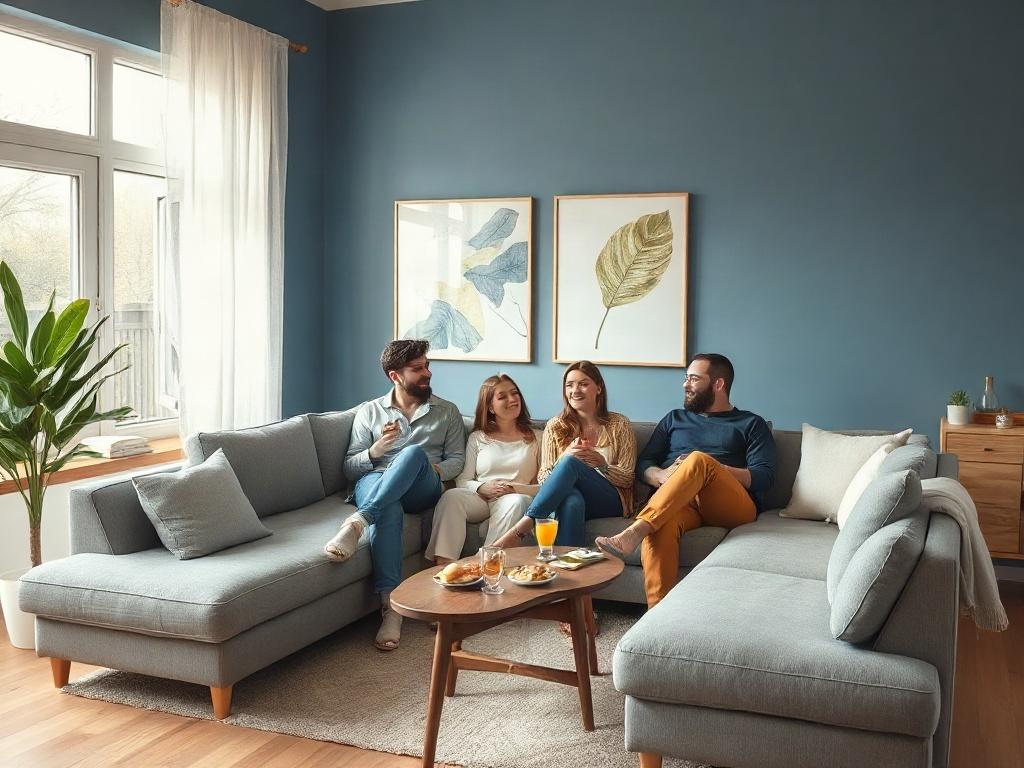 A realistic high-resolution photo of a group of friends hanging out in a cozy, well-lit living room. The scene should feature four friends laughing and chatting while sitting comfortably on a soft gray sectional sofa. The background includes a stylish coffee table with snacks and drinks, and a large window letting in natural light, creating a warm and inviting atmosphere. The color palette should include rich blues and soft grays, aligned with the primary color rgb(4, 104, 120).