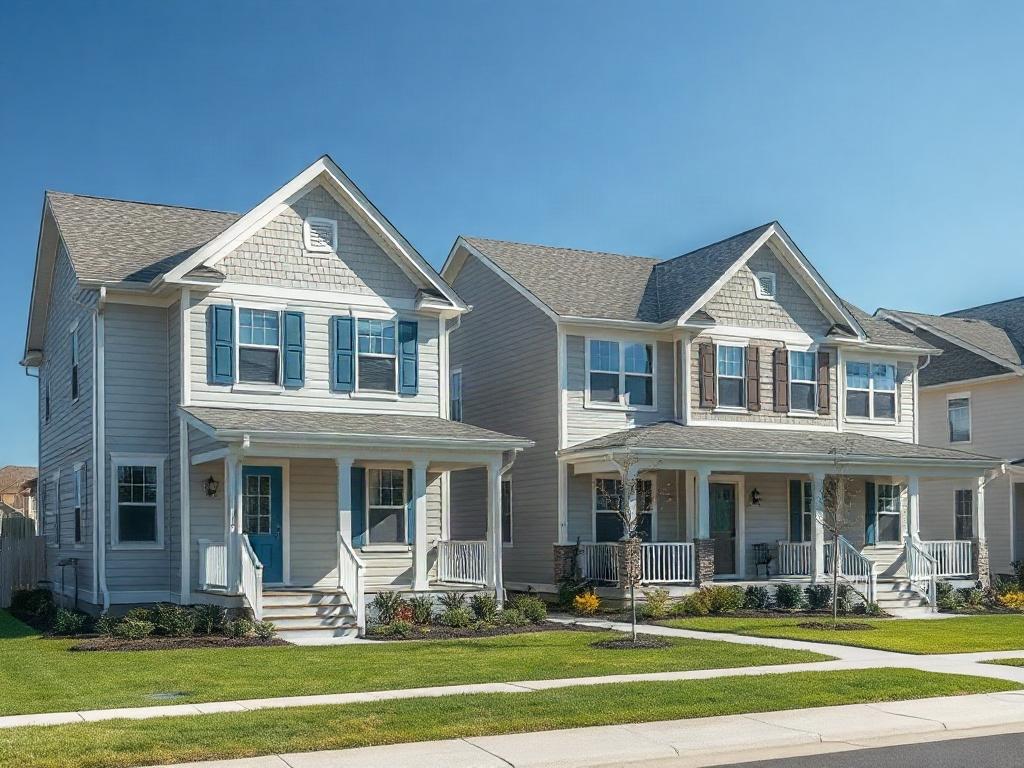A realistic high-resolution photo of two beautiful homes next to each other, showcasing a serene neighborhood. The houses should have soft gray exteriors with rich blue accents. The scene should be set in a bright, sunny day, with a well-maintained lawn and a clear blue sky in the background, emphasizing a peaceful and welcoming environment.