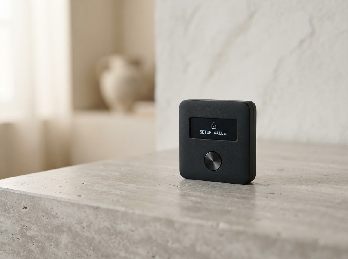 A Trezor-style hardware wallet resting on a light stone surface