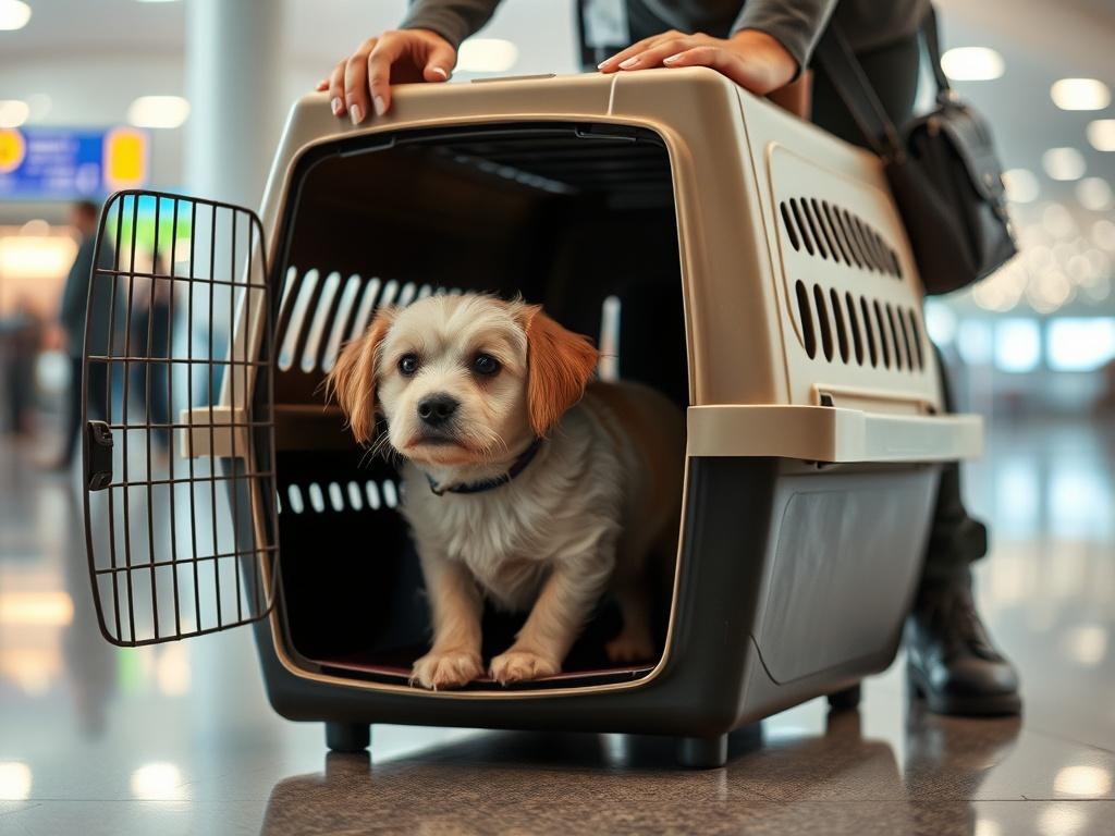 A serene pet being gently placed in an airline approved