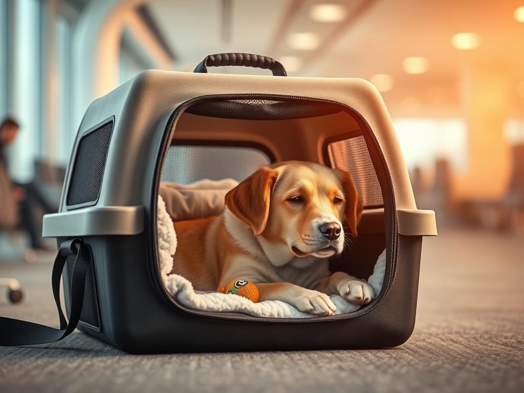 A relaxed dog comfortably resting inside a padded airline approved