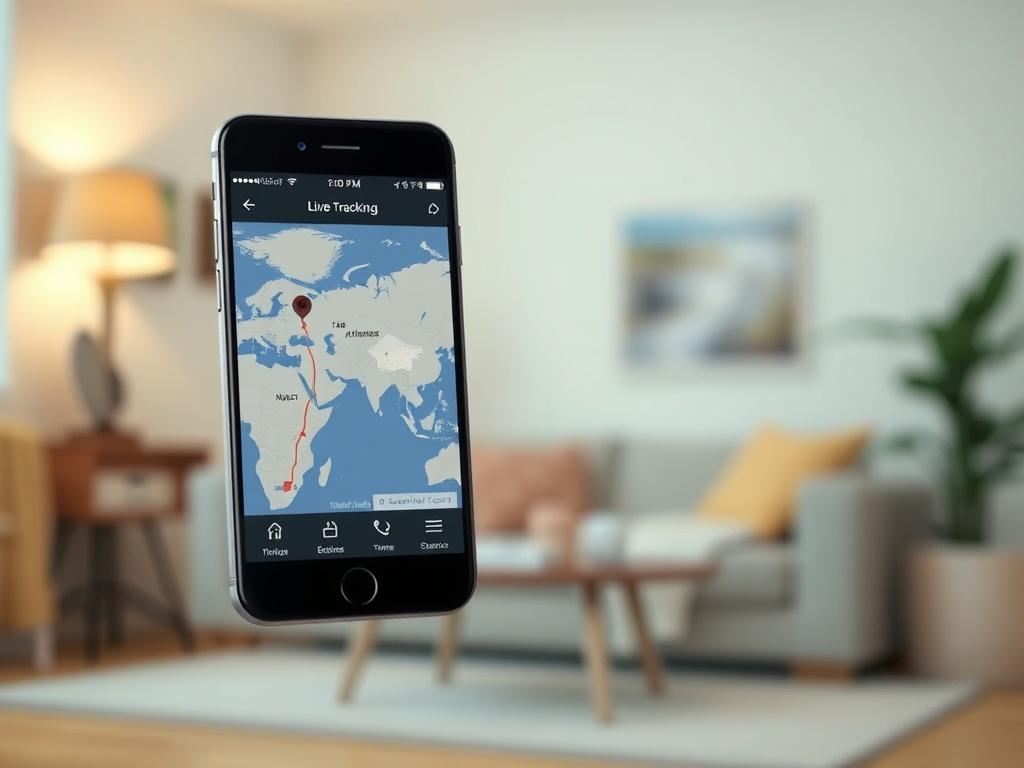 A smartphone displaying a live tracking map with a dot