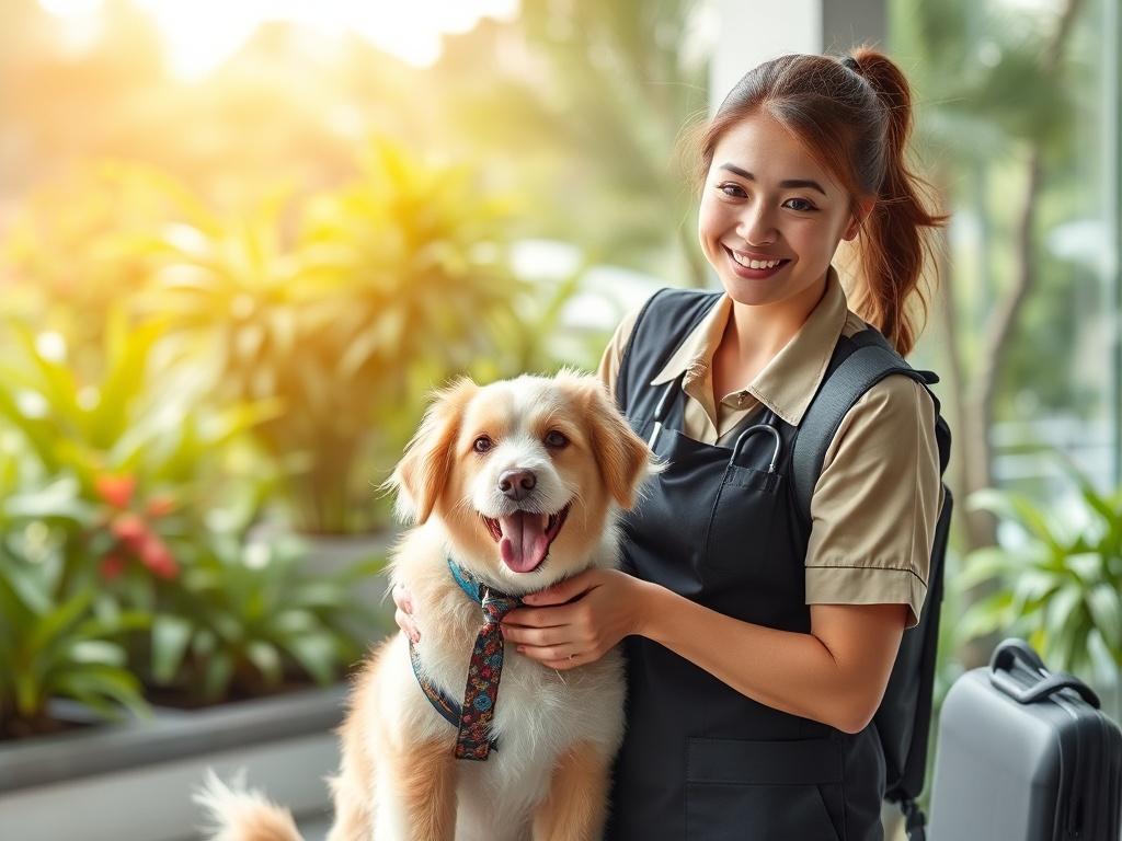 A friendly staff member warmly welcoming a pet at the