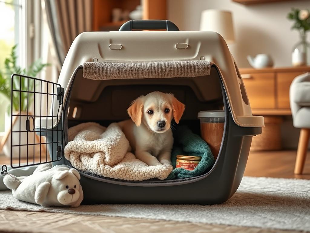 An image of a cozy pet carrier being packed with