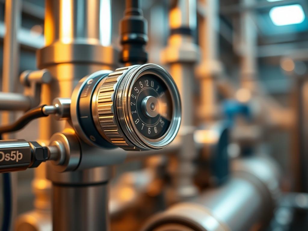 A close-up shot of a water quality sensor in a desalination plant, showcasing the sensor's intricate details and the surrounding equipment. The background should be blurred to emphasize the sensor, with warm lighting to create a professional atmosphere, resembling a high-tech environment. The color theme should reflect a subtle blend of blues and greens to convey the essence of water and technology.
