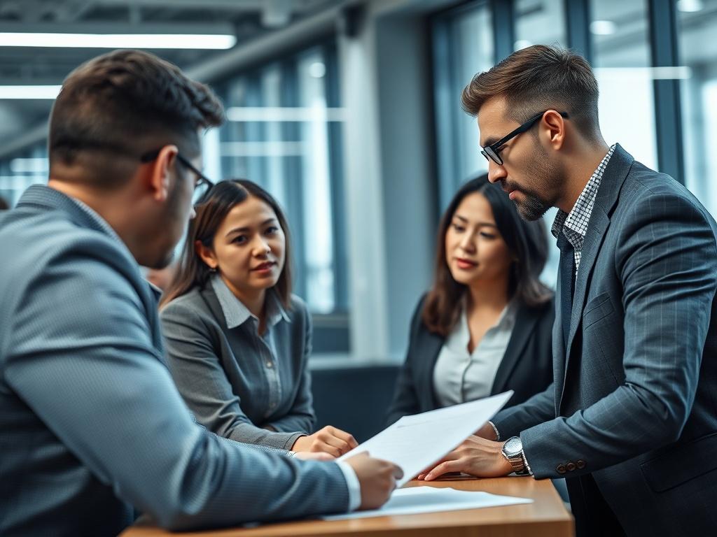 An image of a team of professionals discussing and implementing a new operational strategy in a modern office environment.