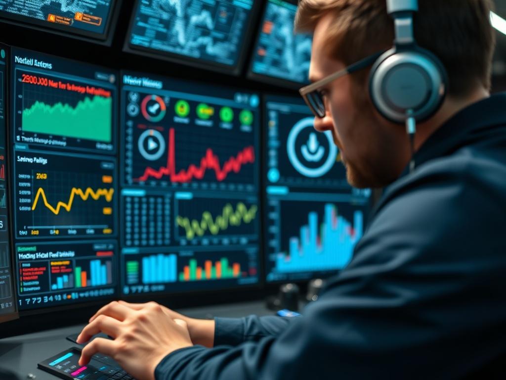A realistic depiction of a user interacting with a digital dashboard displaying real-time alerts and data analytics, set in a high-tech control room.