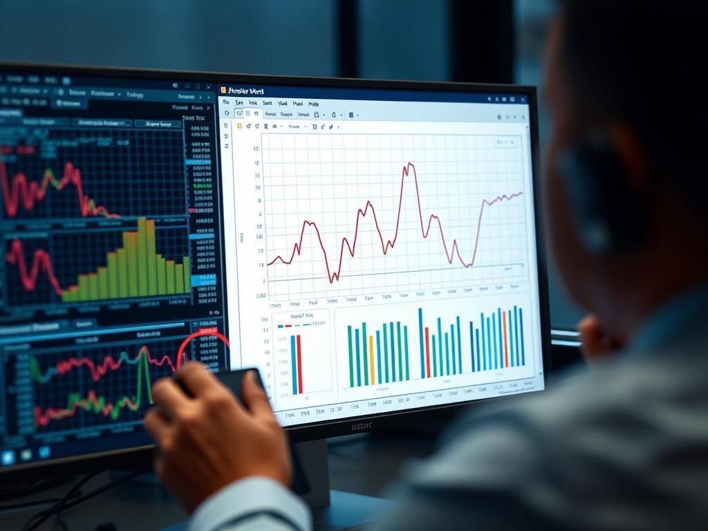 A close-up shot of an advanced mathematical model being analyzed on a computer screen, with graphs and data visualizations prominently displayed.