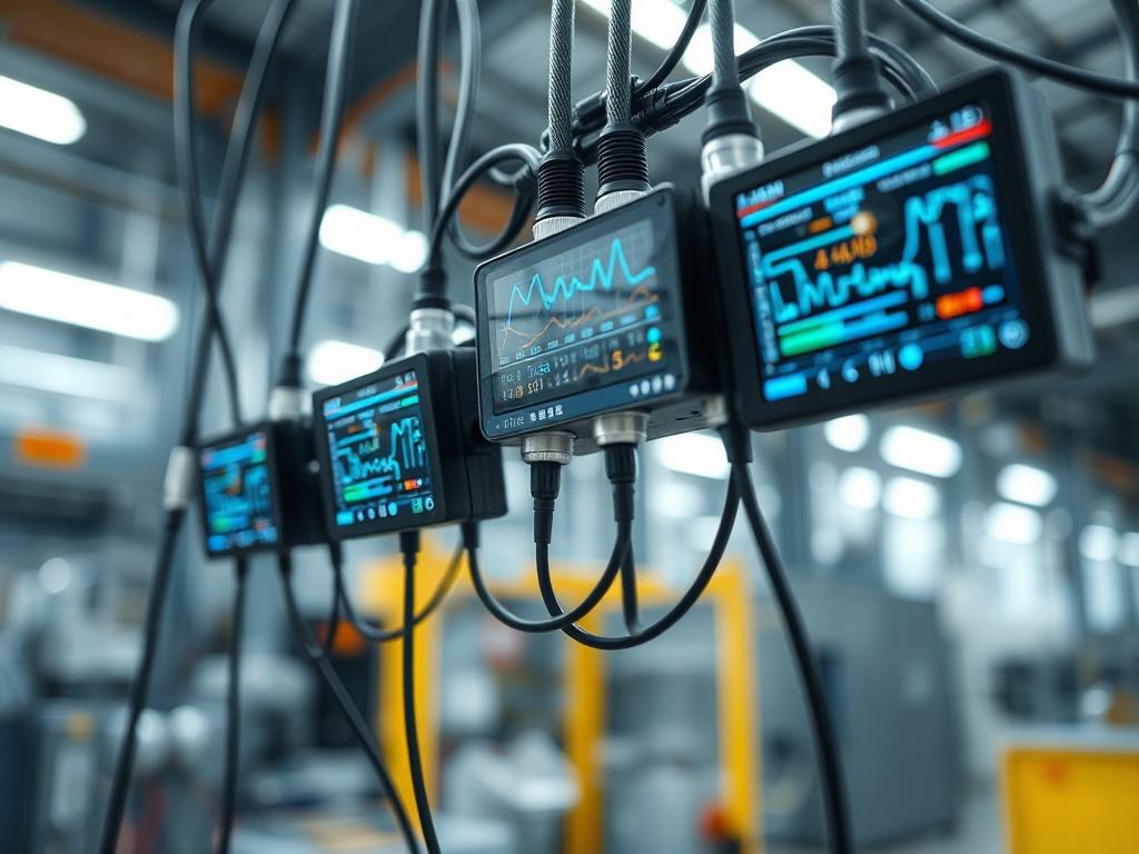 A realistic high-resolution photo of a close-up shot of advanced sensors collecting data in an industrial environment. The focus should be on the sensors with wires and screens displaying data metrics. The background should be blurred to emphasize the sensors, showcasing a modern and technological atmosphere. The lighting should be bright to highlight the details of the sensors.