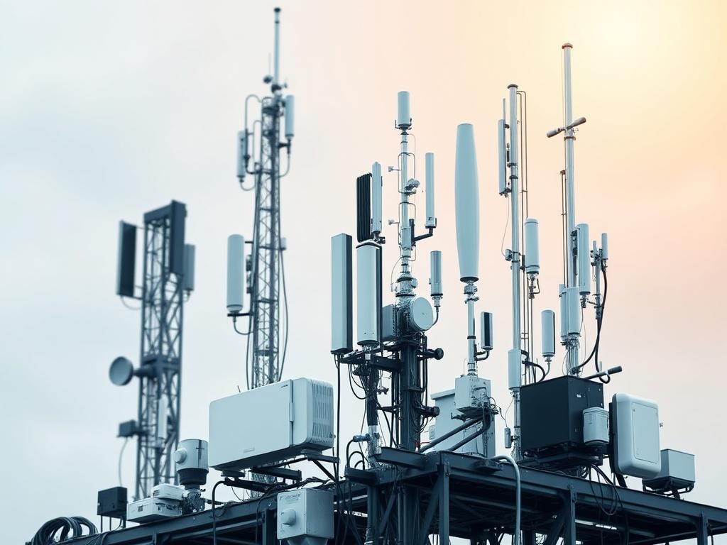 A hyper-realistic close-up photo of a telecommunications network setup, showcasing a sleek, modern array of antennas and communication devices. The background is blurred to emphasize the intricate details of the equipment, with a soft bokeh effect. The image captures the essence of advanced telecommunications technology, highlighting connectivity and innovation.