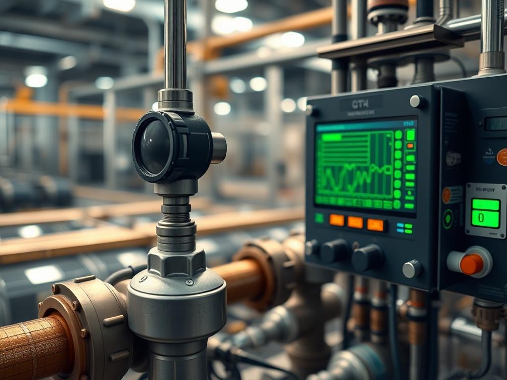 Close-up shot of a modern water management system, featuring high-tech sensors and data integration panels. The background should be a blurred image of a water treatment plant, showcasing infrastructure. The composition should focus on the sensors and panels, highlighting their details and functionality. The colors should be warm tones with a touch of green to symbolize sustainability.