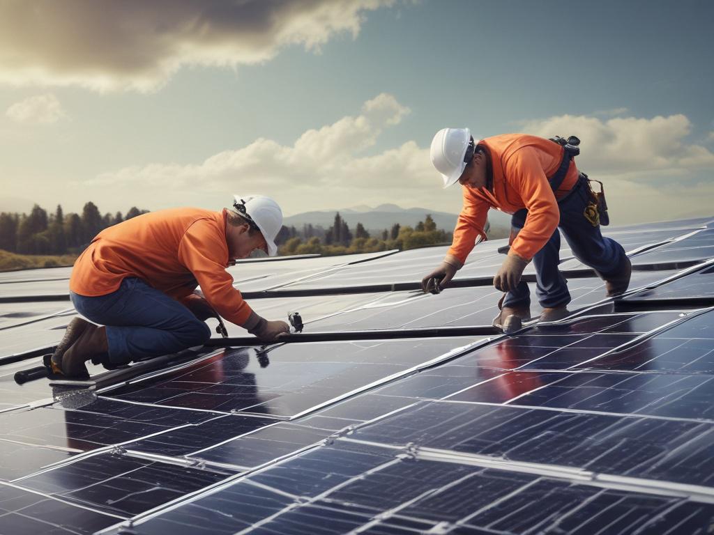 A close up shot of technicians installing solar panels on