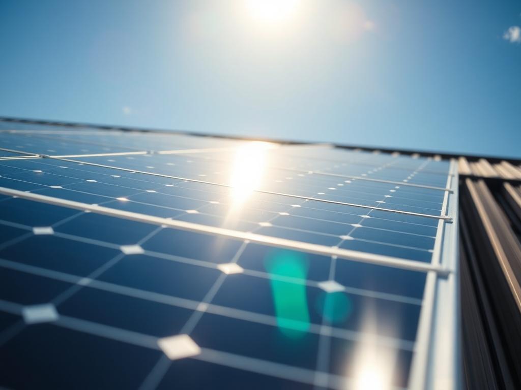 A hyper-realistic close-up of a solar panel installation on a commercial building, showcasing vibrant green energy efficiency. The scene captures the sun reflecting off the panels, with a clear blue sky in the background. The focus is on the technology and innovation in renewable energy, symbolizing Synergeia’s commitment to cooperative energy management and sustainability.