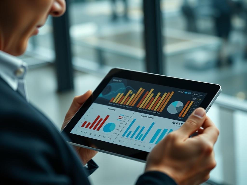 A close-up shot of a business professional reviewing energy expenditure reports on a tablet, with a focus on graphs and charts indicating savings and cost control. The background should be subtly blurred to emphasize the analytical tools at their fingertips.