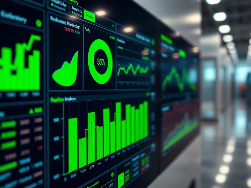 A close-up shot of a high-tech energy management dashboard displaying real-time data and analytics, with vibrant green accents and a clean, modern interface. The background should be softly blurred to emphasize the dashboard, capturing the essence of advanced energy management technology.